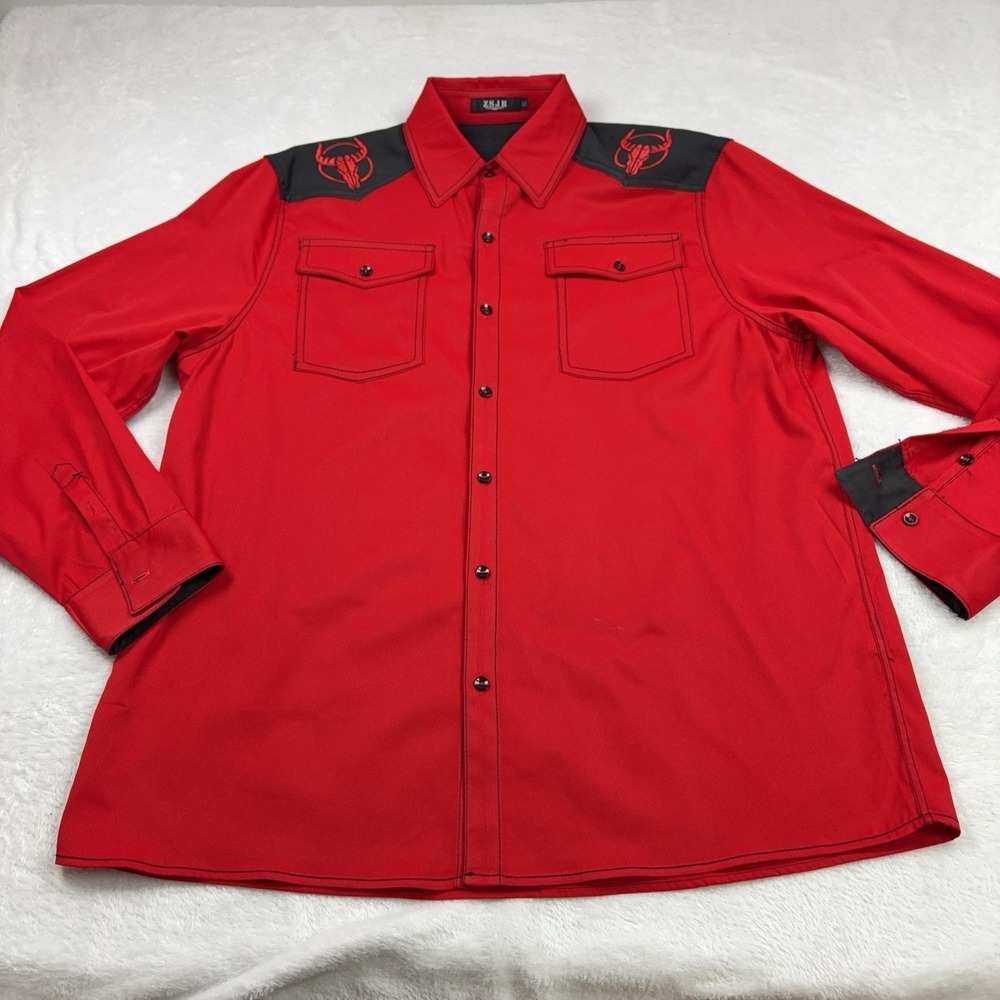 ZSJR Shirt Mens XL Red Black Western Long Sleeve Button Front Cow Skull Yoke - Picture 2 of 10
